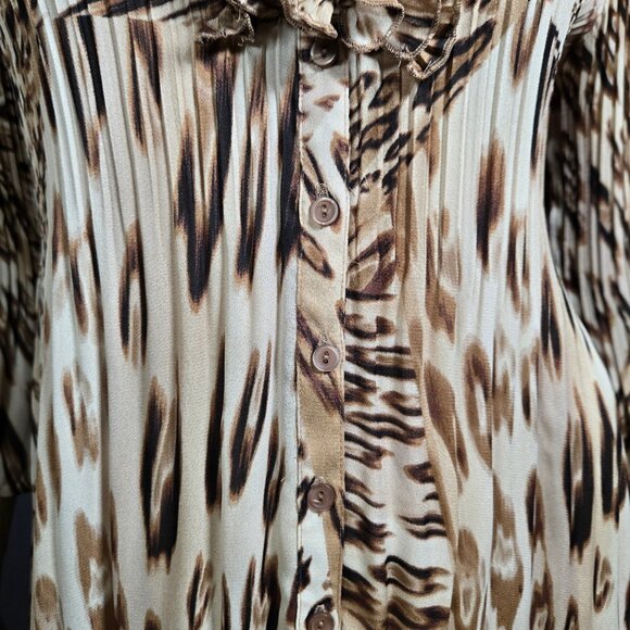 Y2K Animal Print Ruffled Chiffon Babydoll Tunic Top Mini Dress Size M Beige - Picture 4 of 12